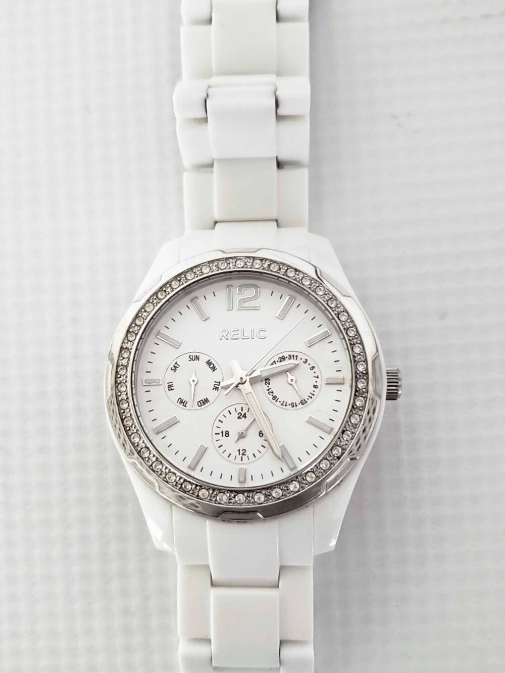 Relic ZR15551 Triple Calendar Rhinestone White Ceramic Watch